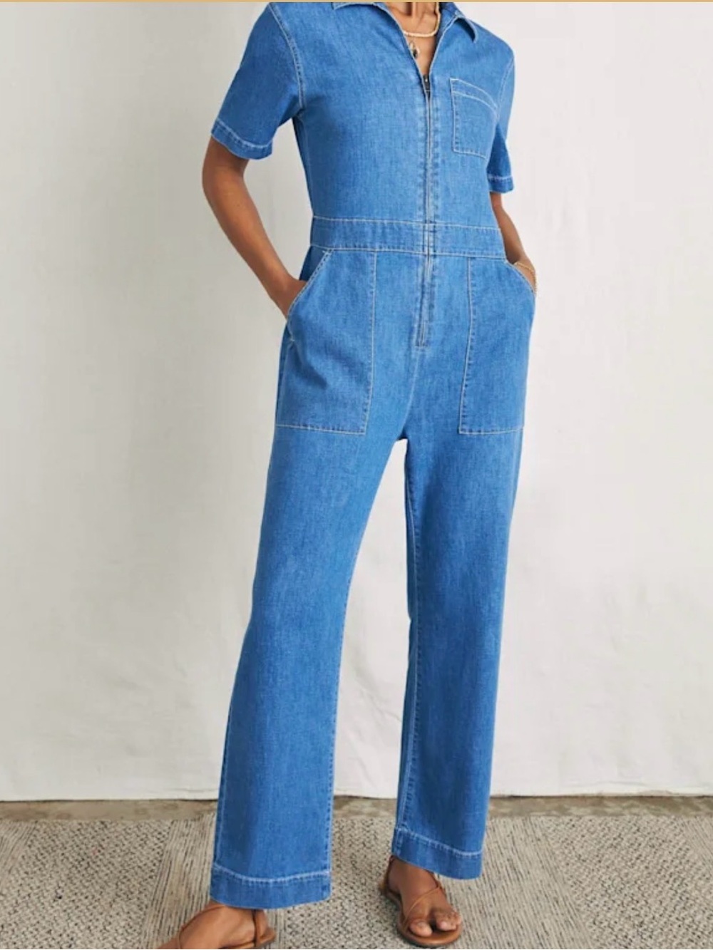 Faherty Light Blue Denim Zip-Front Jumpsuit Size 2 Cotton Linen Blend